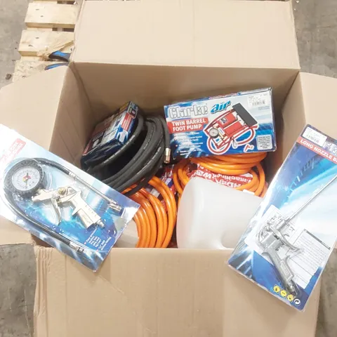 BOX CONTAINING A LARGE ASSORTMENT OF TOOLS/EQUIPMENT INCLUDING: TWIN BARREL FOOT PUMP, AIRLINE TYRE INFLATOR WITH PRESSURE GAUGE, LONG NOZZLE BLOW GUN, HOSES ECT
