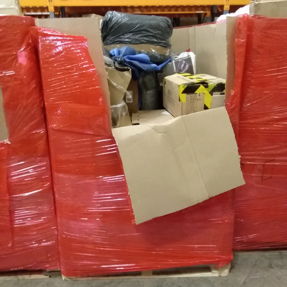PALLET OF ASSORTED HOUSEHOLD GOODS AND PRODUCTS TO INCLUDE; BABY UPRIGHT SEAT, ENCLOSED CAT LITTER BOX, BOXED FURNITURE ETC