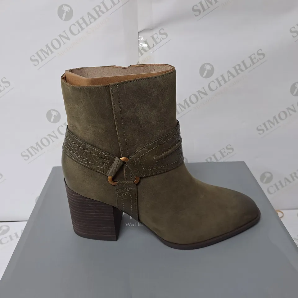 BOXED GREEN SUEDE HEELED BOOTS SIZE 5