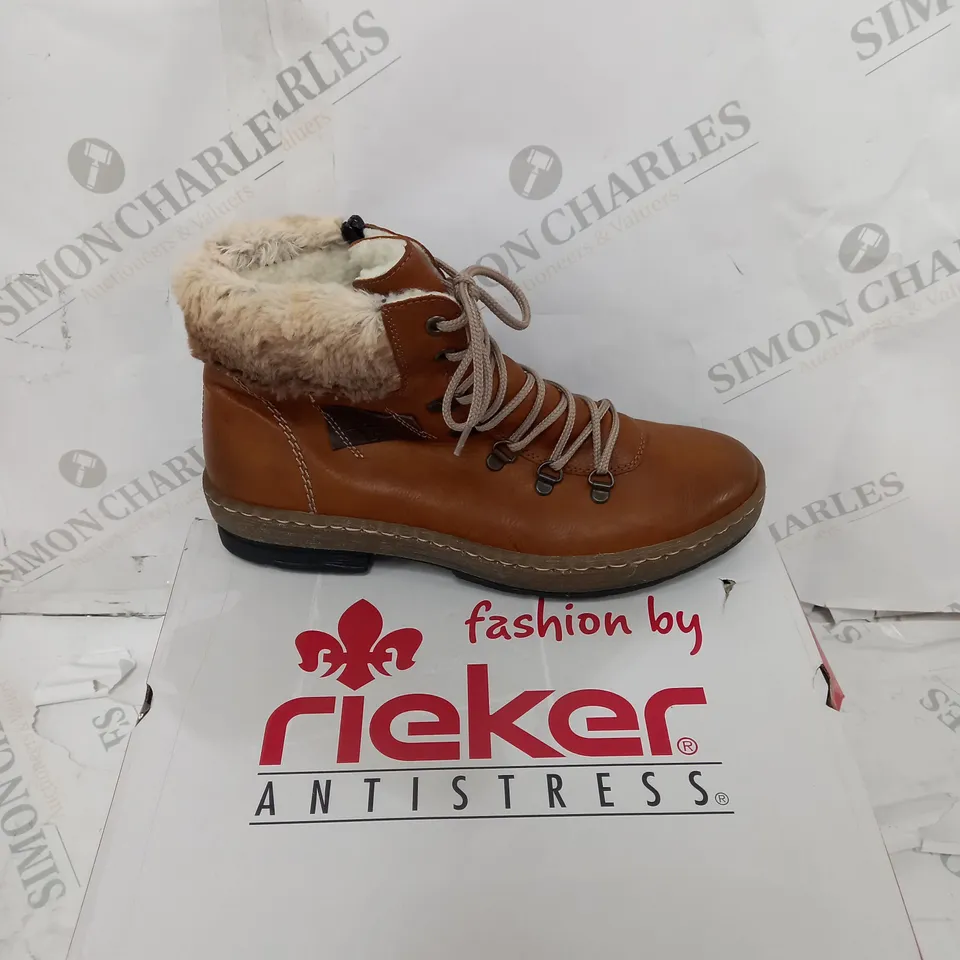 BOXED PAIR OF RIEKER LACE UP ANKLE BOOTS - TAN - UK SIZE 7.5