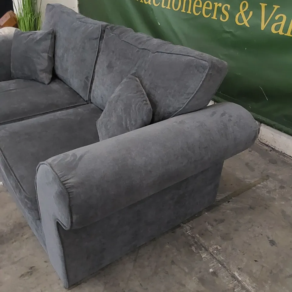 DESIGNER CHARCOAL FABRIC UPHOLSTERED SOFA WITH CUSHIONS 