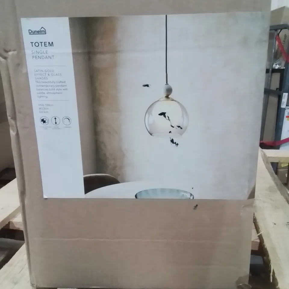 BOXED TOTEM SINGLE PENDENT SATIN GOLD AND GLASS SHADES 