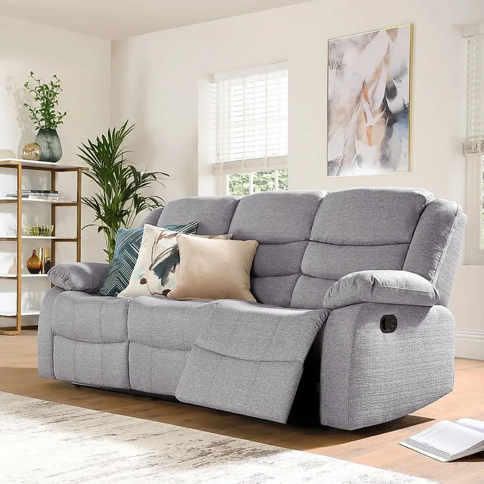 BOXED SORRENTO DOTTED CORD LIGHT GREY FABRIC MANUAL RECLINING THREE SEATER SOFA 
