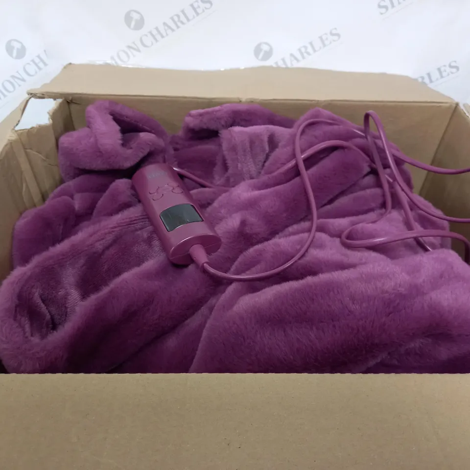 boxed purple heated blanket with wired connection