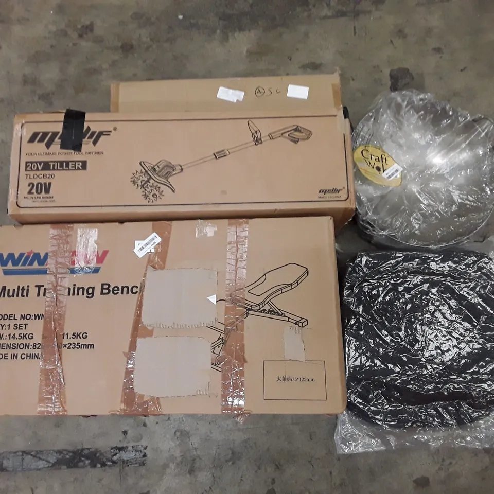 PALLET OF ASSORTED PRODUCTS INCLUDING WOK, SEAT CUSHION, MULTI TRAINING BENCH, 20V TILLER, LADDER LEVELER STAIR AID 