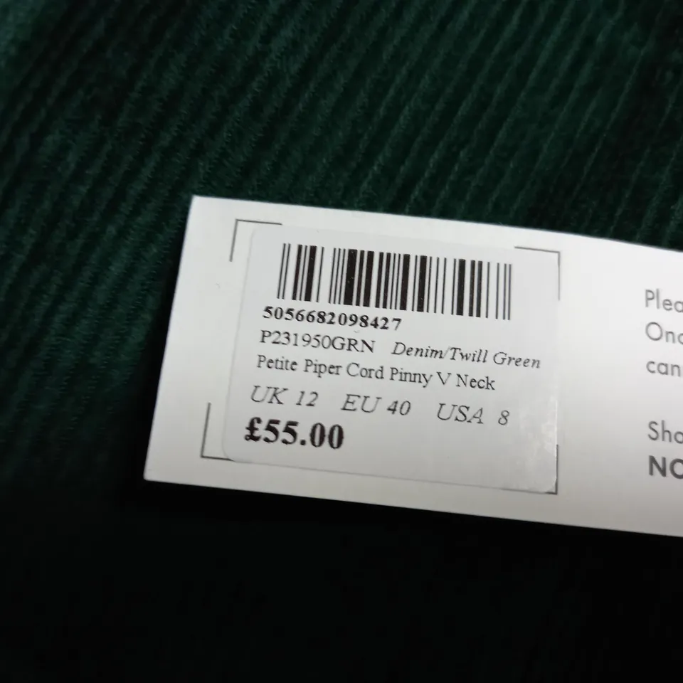 NOBODY'S CHILD PETITE PIPER CORD PINNY V-NECK IN DENIM/TWILL GREEN - UK SIZE 12 