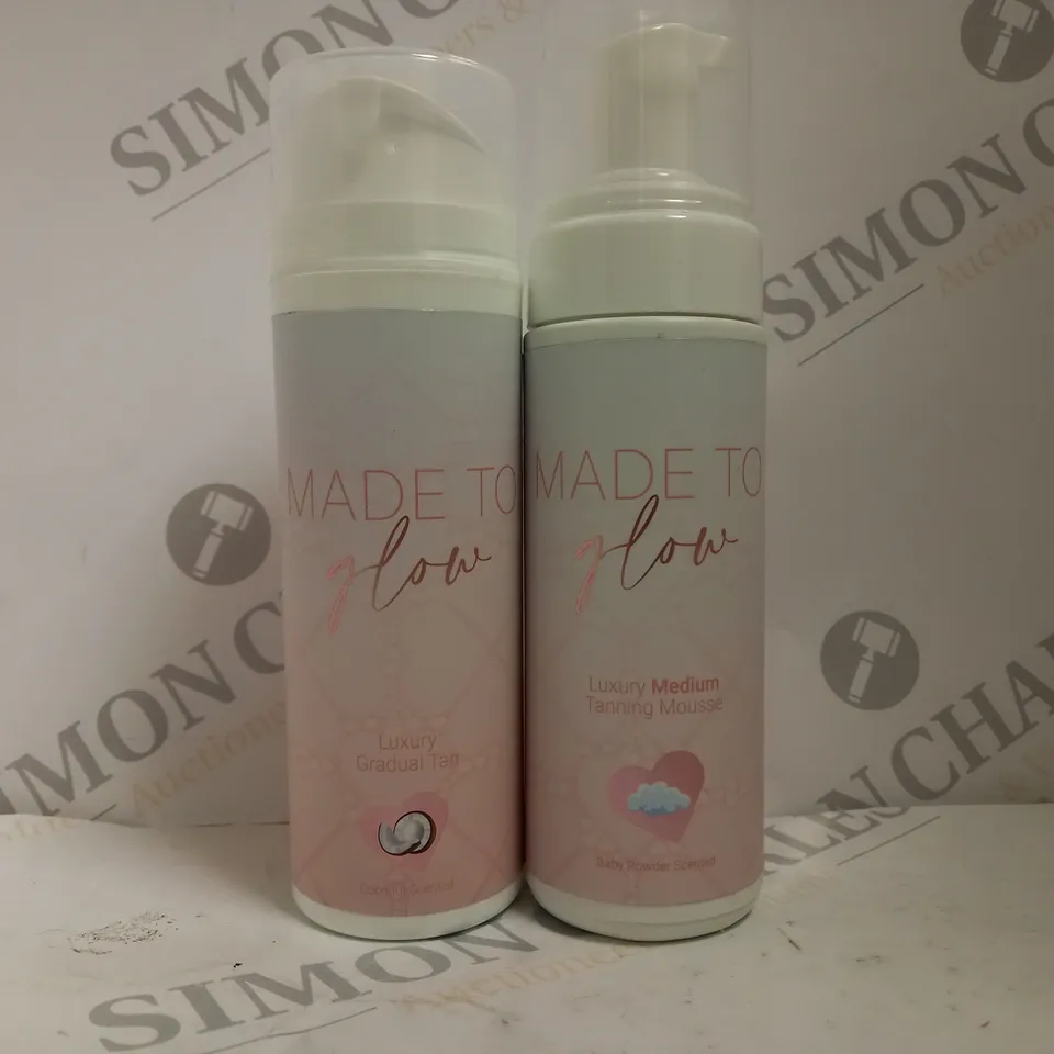BOX OF 2 MADE TO GLOW TANNING MOUSSE TO INCLUDE LUXURY GRADUAL TAN COCONUT SCENTED & LUXURY MEDIUM TANNING MOUSSE BABY POWDER SCENTED 
