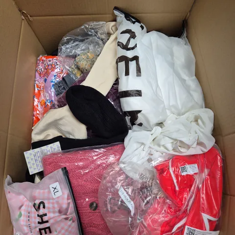 LARGE BOX OF APPROXIMATELY 20 ASSORTED CLOTHING ITEMS IN VARIOUS SIZES, STYLES AND COLOUR