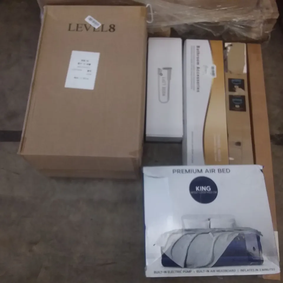 PALLET OF ASSORTED ITEMS INCLUDING TOWEL SHELF BATHROOM ACCESSORIES, KUYAL CHAIR MAT FOR CARPET, HOMIDEC, SUNDEE TOILET SEAT, AOBP  PLANT SAUCERS, PREMIUM KING AIR BED