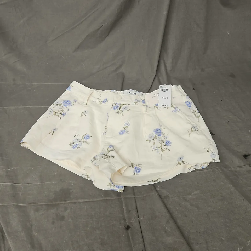 HOLLISTER LOW-RISE LINEN BLEND SHORTS IN CREAM/BLUE FLORAL SIZE XS