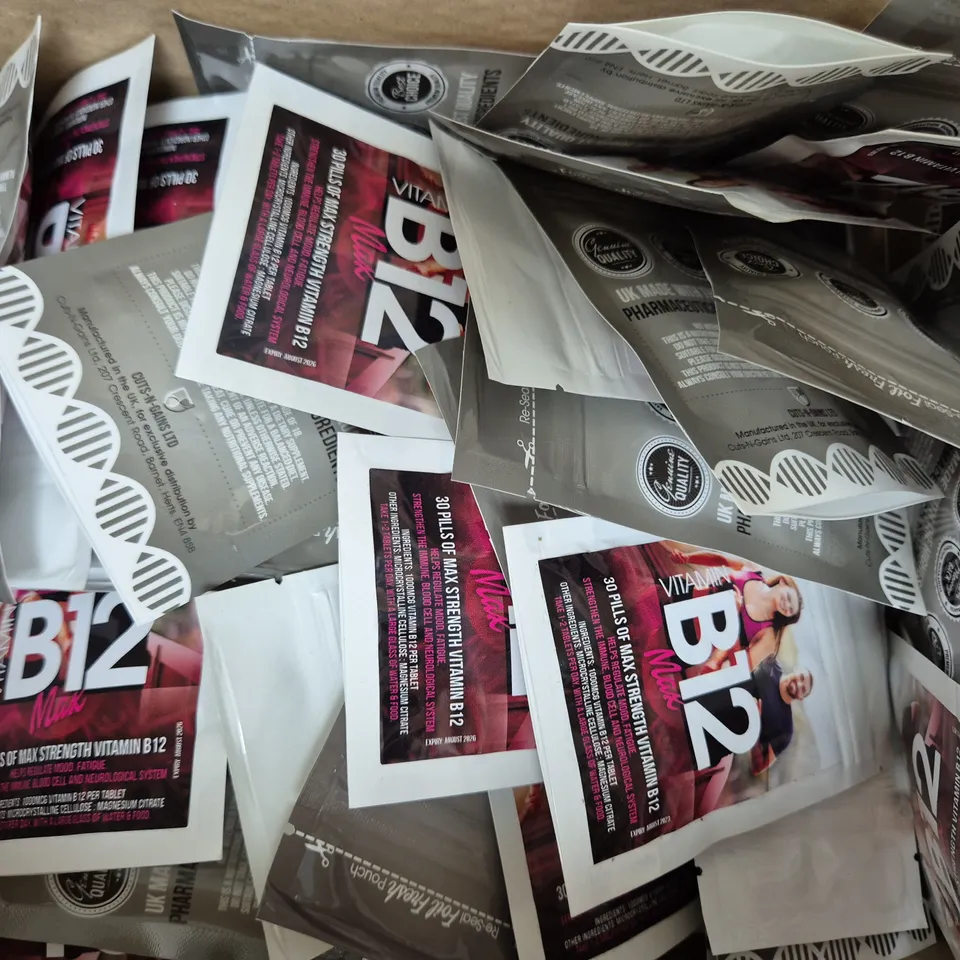 BOX OF APPROXIMATELY 45 PACKS OF CUTS-N-GAINS TABLETS - VITAMIN B12 (30 TABLETS PER PACK)