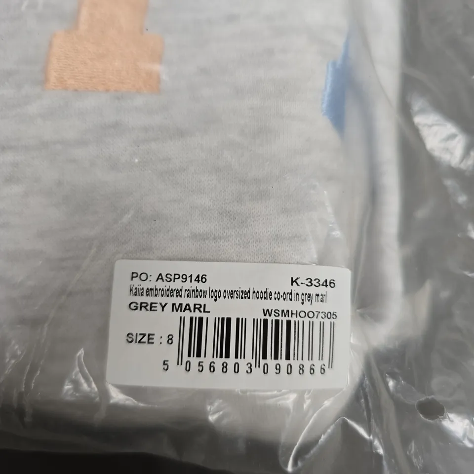 BAGGED KAIA EMBROIDERED RAINBOW LOGO OVERSIZED HOODIE – GREY MARL – SIZE 8