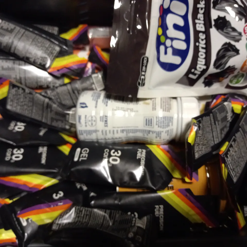 TOTE OF APPROX 15 ASSORTED FOOD ITEMS TO INCLUDE - DELCICIOUSLY ELLA , PRECISION FUEL 60G , CHOCOLATE FUDGE ETC