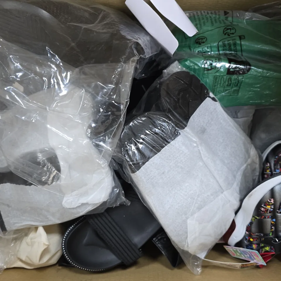 BOX OF APPROXIMATELY 15 ASSORTED PAIRS OF SHOES AND FOOTWEAR ITEMS IN VARIOUS COLOURS, STYLES, AND SIZES - COLLECTION ONLY