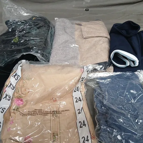 LARGE BOX OF APPROXIMATELY 20 ASSORTED CLOTHING ITEMS IN VARIOUS SIZES, STYLES AND COLOUR