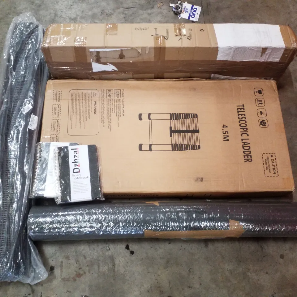 PALLET CONTAINING ASSORTED PRODUCTS INCLUDING WALL MOUNTED PULL-UP BAR, TELESCOPIC LADDER 4.5M, YOGA MAT, LINED NOTEBOOKS & GARDEN FENCE