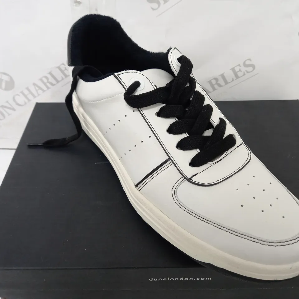 BOXED PAIR OF DUNE TRAINERS IN WHITE/BLACK UK SIZE 7