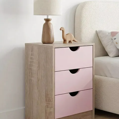 BOXED MICO 3 DRAWER BEDSIDE - OAK/LIGHT PINK