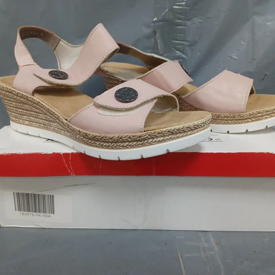 BOXED PAIR OF RIEKER WEDGE SANDALS IN PINK SIZE 6.5