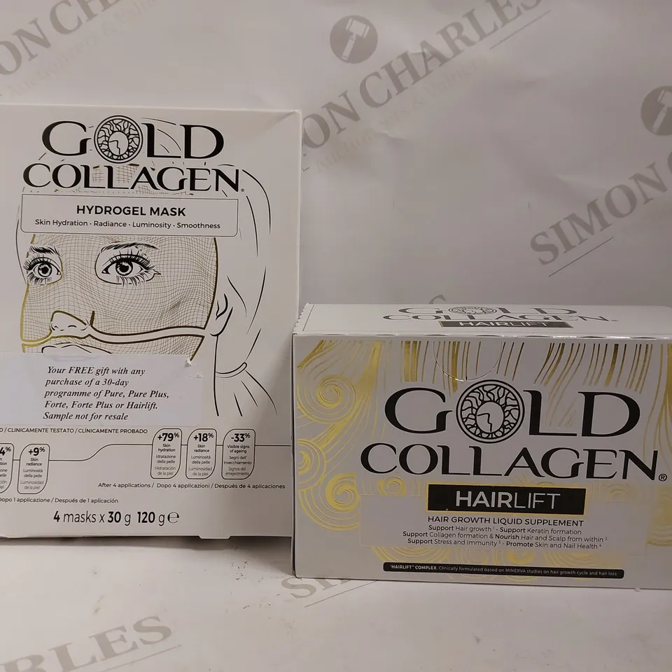 GOLD COLLAGEN HAIRLIFT LIQUID SUPPLEMENT (10X500ML) AND GOLD COLLAGEN HYDROGEL MASKS (4X30G MASKS)