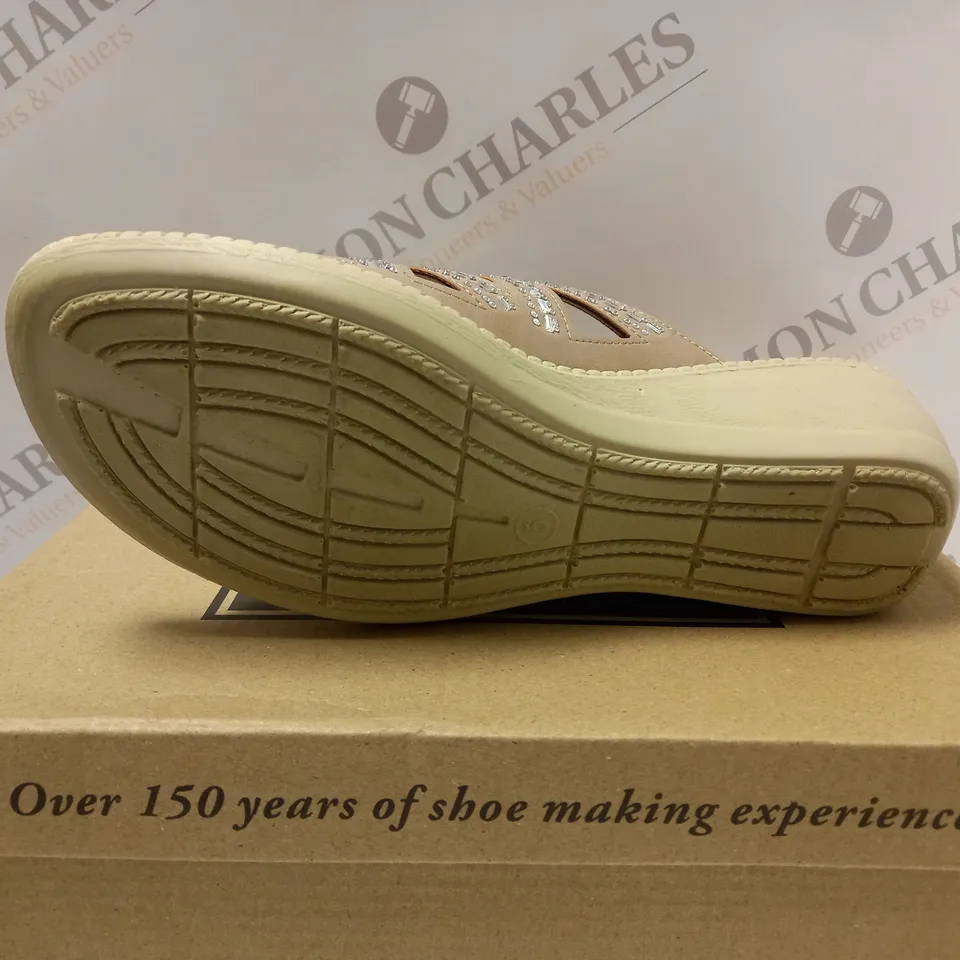 BOXED PAIR OF CUSHION WALK DIAMANTE MULES, TAUPE - SIZE 5