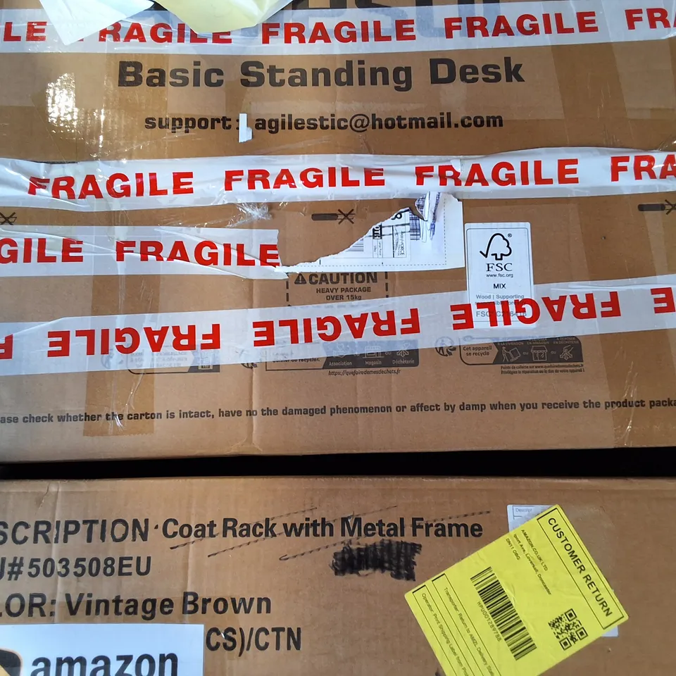 PALLET OF ASSORTED HOUSEHOLD ITEMS TO INCLUDE FACE AND HAIR STEAMER, ONLINE SKATES AND BASIC STANDING DESK