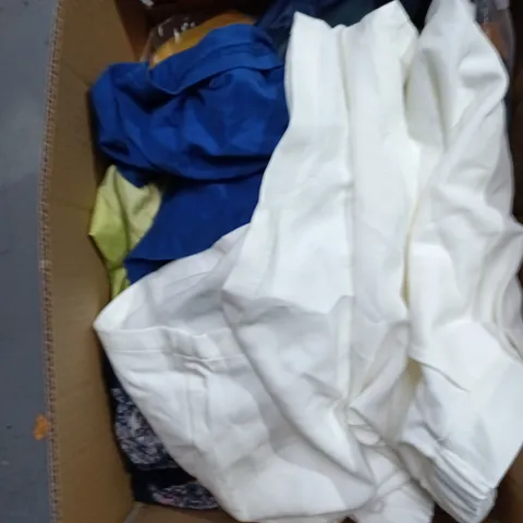 BOX OF APPROXIMATELY 12 ASSORTED CLOTHING ITEMS TO INCLUDE: BLUE PINSTRIPE TROUSERS