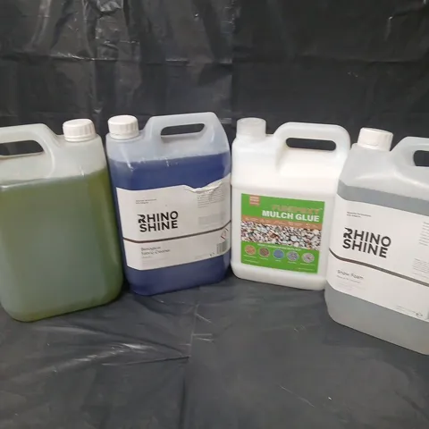 4 ASSORTED LARGE LIQUIDS TO INCLUDE RHINO SHINE FABRIC CLEANER, FUNEPOXY MULCH GLUE, ETC - COLLECTION ONLY
