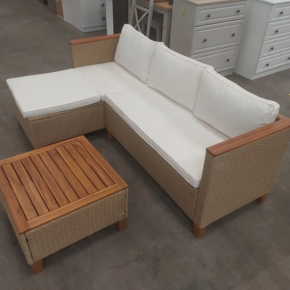 OUTDOOR WICKER PATIO CONVERSATION FURNITURE SET WITH ACACIA WOOD COFFEE TABLE
