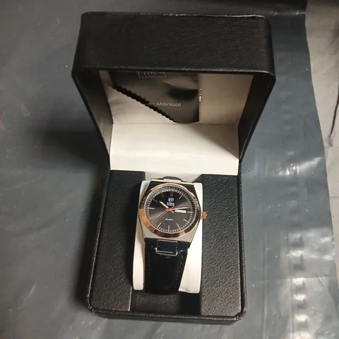 ERNEST FERDINAND MEN’S QUARTZ WRISTWATCH – BLACK DIAL, LEATHER STRAP, BOXED