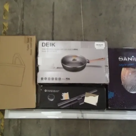PALLET OF ASSORTED ITEMS INCLUDING STOREMIC TOILET SEAT, DEIK ALUMINIUM FRYPAN WITH NON STICK COATING, SANILO TOILET SEAT, ASYMMETRIC LIGHT SOURCES, GARDEN KNEELER