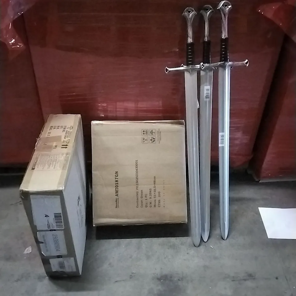 PALLET OF HOUSEHOLD ITEMS TO INCLUDE CACTUS CAT TREE, TOY SWORDS , CEILING FAN WITH LIGHT AND OTHER ASSORTED ITEMS...