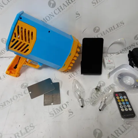 BOX OF APPROX 5 ASSORTED ITEMS TO INCLUDE LED STRIP LIGHTS, ROCKET BUBBLE GUN, STEEL BITCOIN WALLET, ETC.