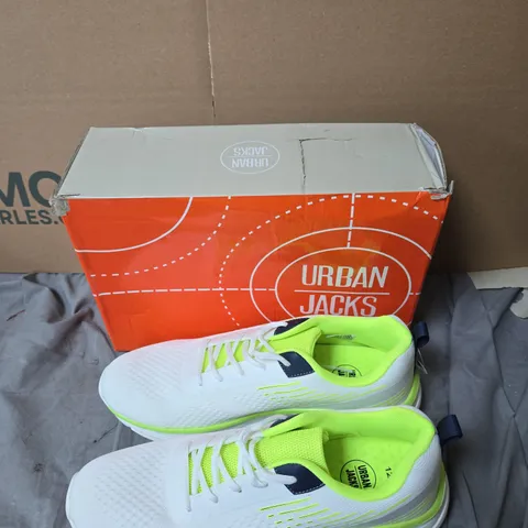 URBAN JACKS WHITE TRAINERS WITH NEON YELLOW LINING, UK 12