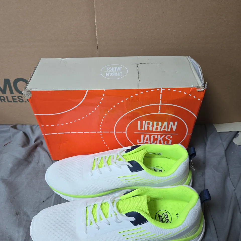 URBAN JACKS WHITE TRAINERS WITH NEON YELLOW LINING, UK 12