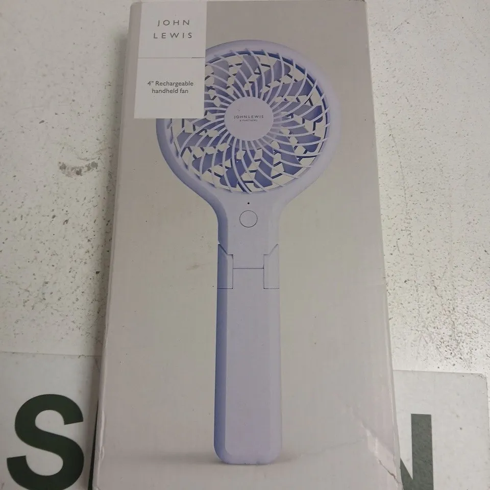 JOHN LEWIS 4" RECHARGEABLE HANDHELD FAN – USB-C, FOLDABLE HANDLE, BOXED