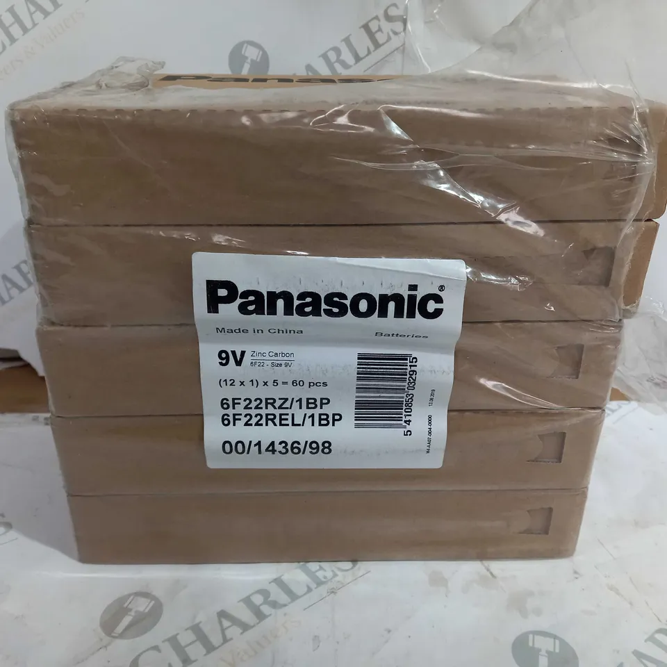 APPROXIMATELY 5 BOXES OF PANASONIC 9V SF22 ZINC CARBON BATTERIES (12 PER PACK)