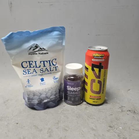 APPROXIMATELY 12 ASSORTED FOOD & DRINK ITEMS TO INCLUDE - SELTIC SEA SALT , C4 ENERGY DRINK , SLEEP GUMMIES ETC