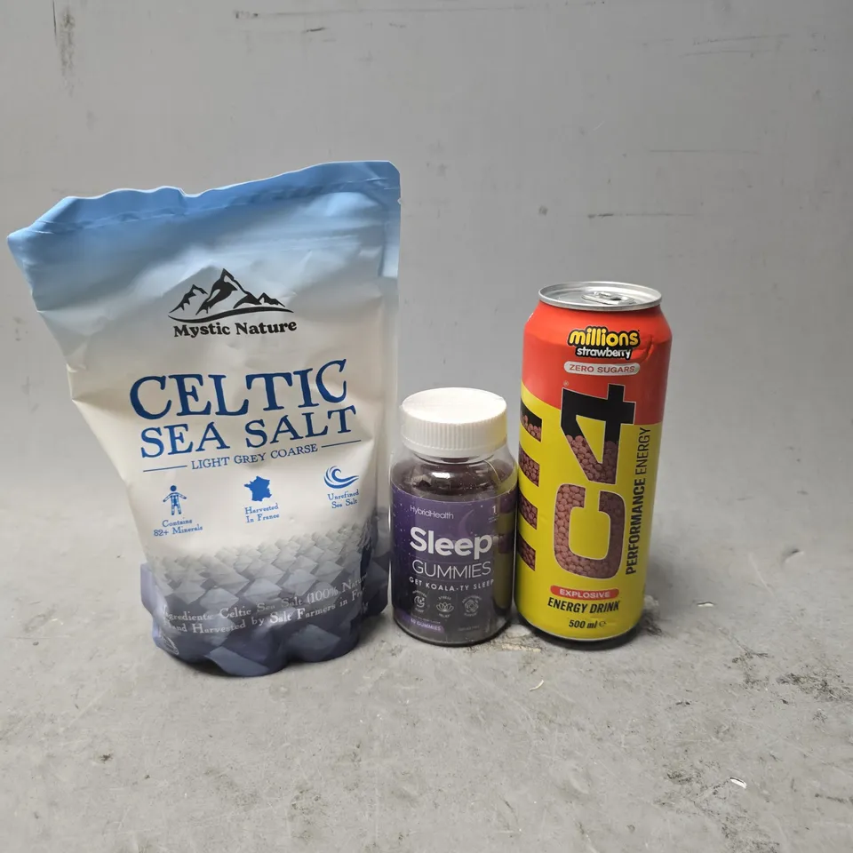 APPROXIMATELY 12 ASSORTED FOOD & DRINK ITEMS TO INCLUDE - SELTIC SEA SALT , C4 ENERGY DRINK , SLEEP GUMMIES ETC