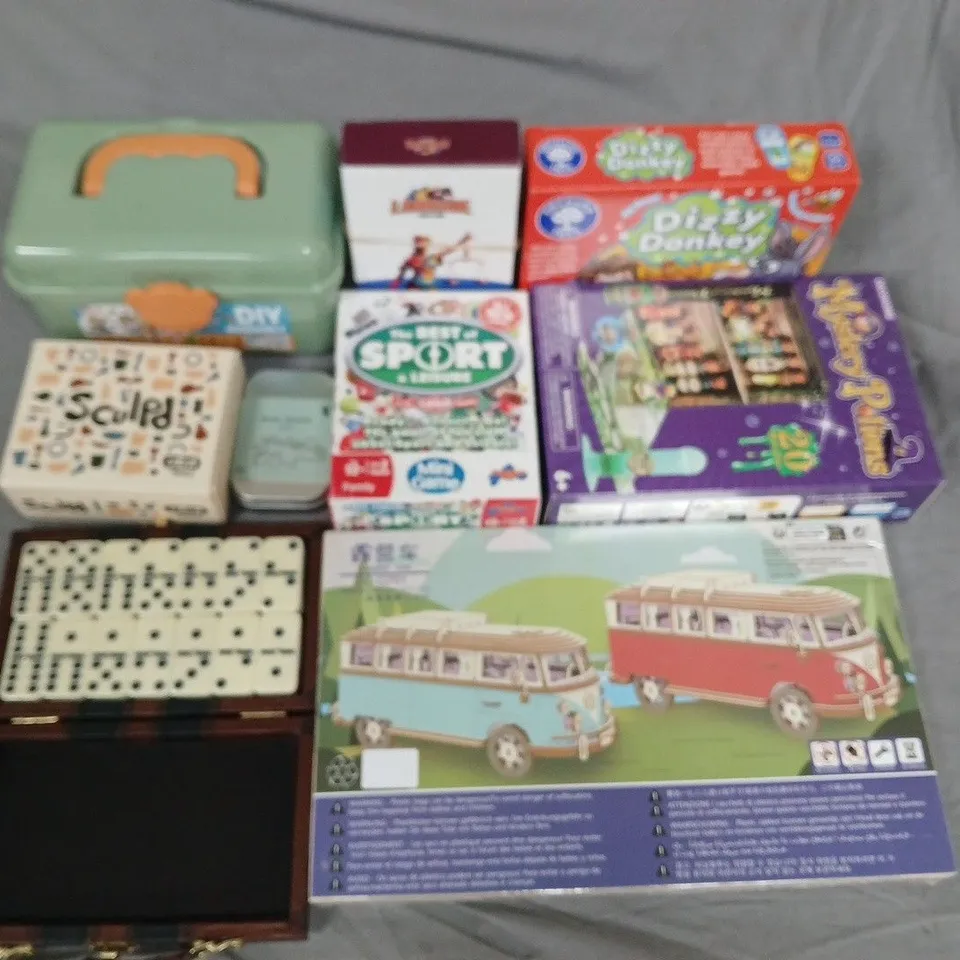 ASSORTED CHILDREN'S BOXED GAMES AND CRAFT KITS: DIZZY DONKEY, SCULPT EARTH TONES, IQ PUZZLE TIN, SPORT & LEISURE, DIY ASSEMBLY TUB