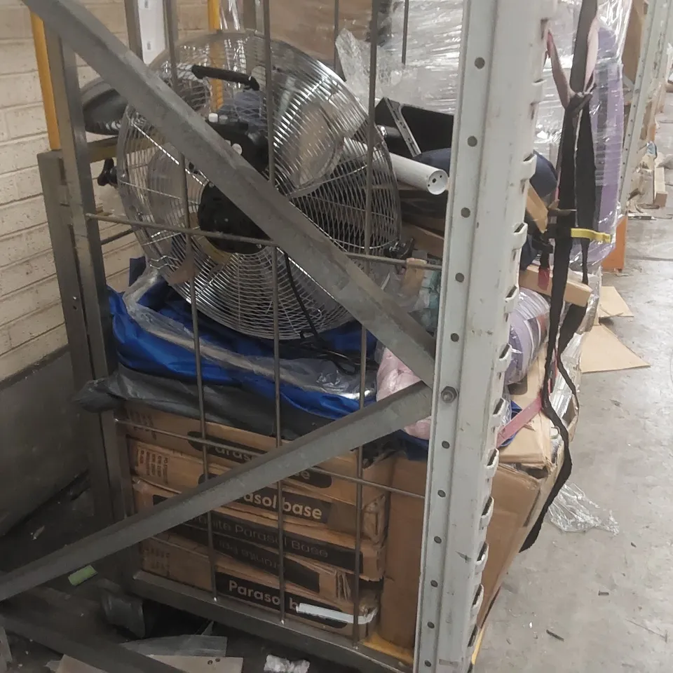 CAGE CONTAINING A LARGE QUANTITY OF ASSORTED ITEMS INCLUDING: FAN, YOGA MATS, PARASOL BASE ECT // CAGE NOT INCLUDED