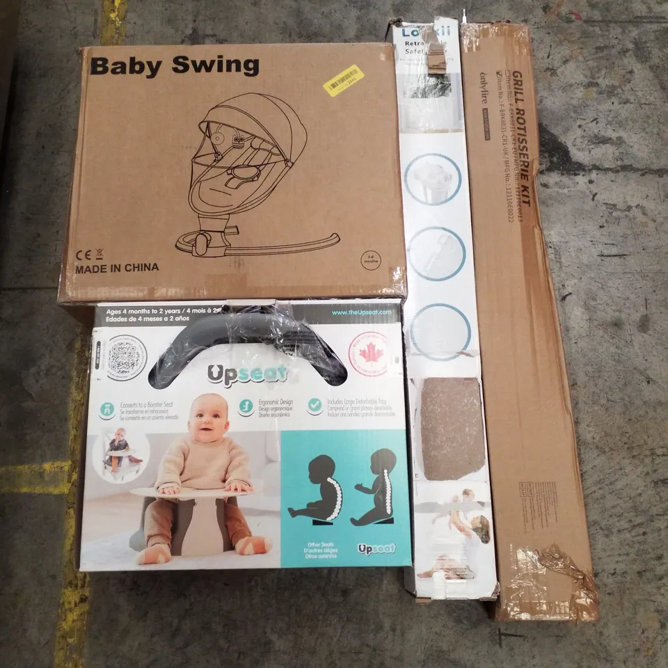 PALLET CONTAINING ASSORTED PRODUCTS INCLUDING BABY SWING, GRILL ROTISSERIE KIT, RETRACTABLE SAFETY GATE & BABY SEAT