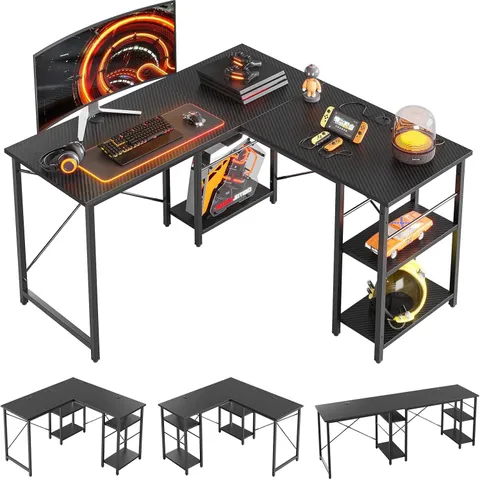 BOXED BESTIER 192CM REVERSIBLE L SHAPED DESK WITH SHELVES - BLACK CARBON FIBRE EFFECT (1 BOX)