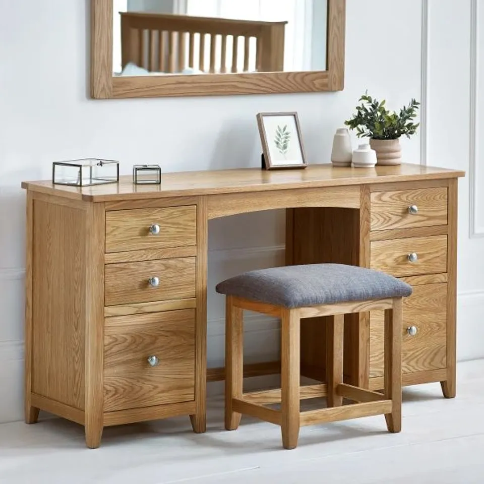 BOXED VANITY TABLE MALLORY OAK DRESSING TABLE TWIN PEDESTAL AND STOOL