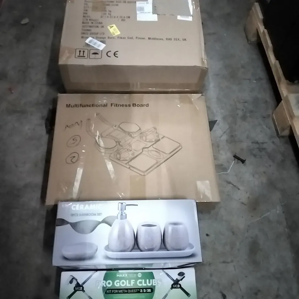 PALLET OF HOUSEHOLD ITEMS TO INCLUDE TRUNKI, MULTIFUNCTIONAL FITNESS BOARD,CERAMIC BATHROOM SET,PRO GOLF CLUBS AND OTHER ASSORTED ITEMS...