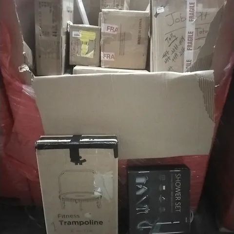 PALLET OF ASSORTED HOUSEHOLD GOODS AND PRODUCTS TO INCLUDE; FITNESS TRAMPOLINE, SHOWER SET, BOXED FURNITURE ETC