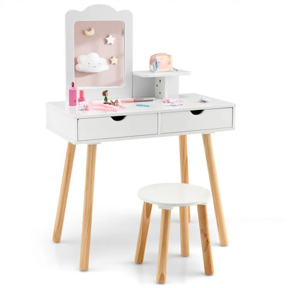 BOXED COSTWAY KID VANITY TABLE CHAIR SET WITH MIRROR AND 2 LARGE STORAGE DRAWERS - WHITE