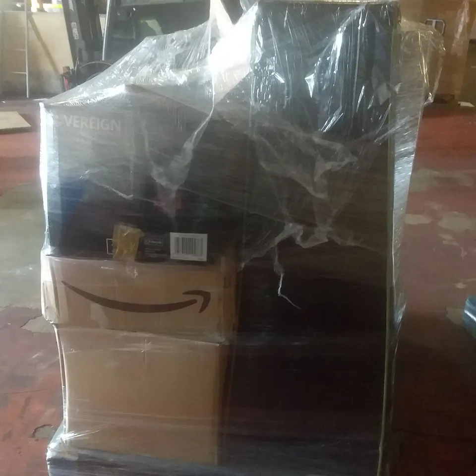 PALLET OF ASSORTED ELECTRICAL ITEMS INCLUDING CORDLESS LAWN MOWER, RHONE WHITE MIRROR, ARLEC FLASHLIGHT, BOX OF EARPHONES