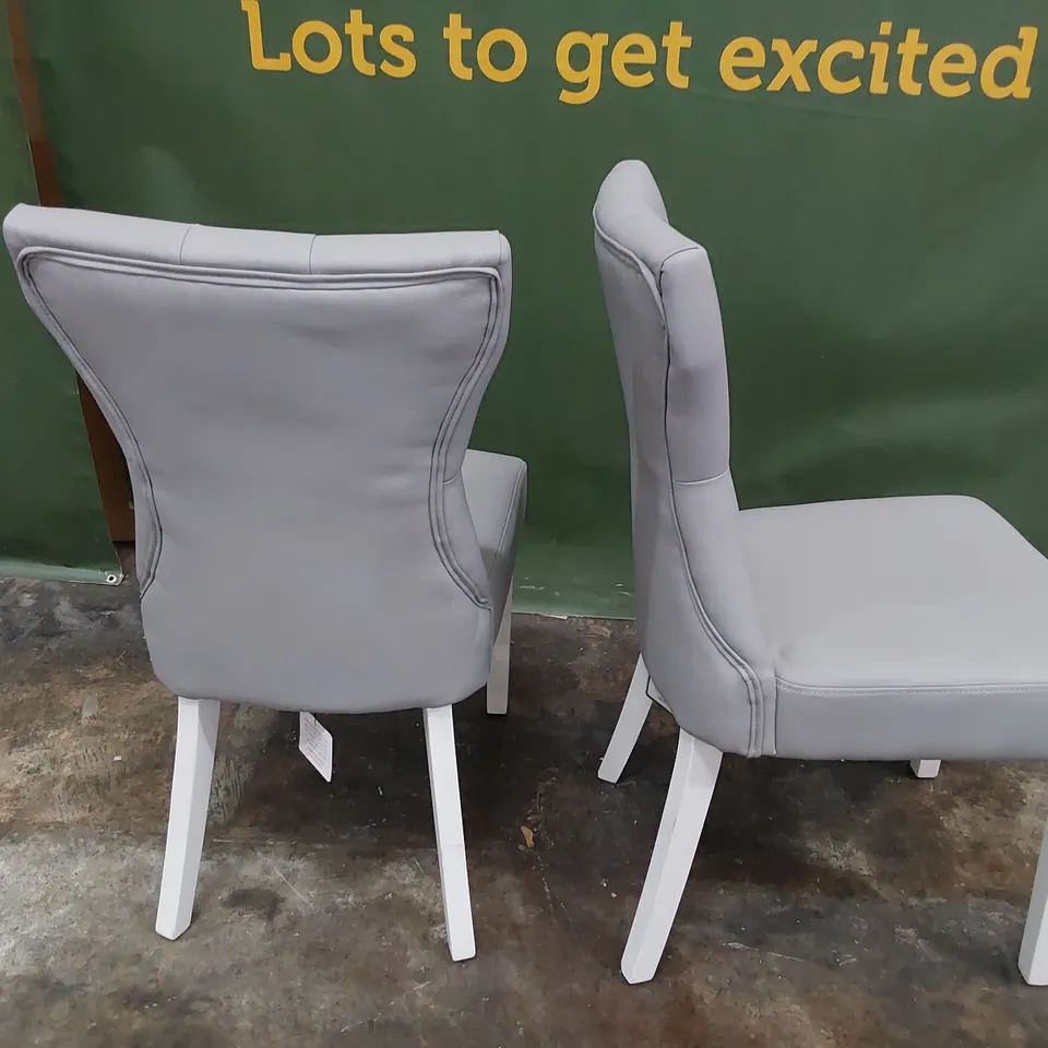 PAIR UPHOLSTERED BUTTONED BACK DINING CHAIRS GREY PU ON WHITE PAINTED LEGS 