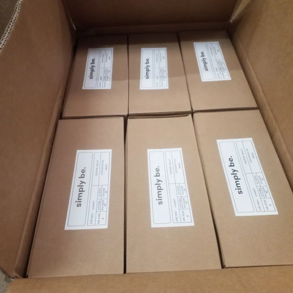 BOX CONTAINING APPROXIMATELY 6 BRAND NEW PAIRS OF SIMPLY BE MULTI PLATFORM HEEL EX WIDE - SIZE 8
